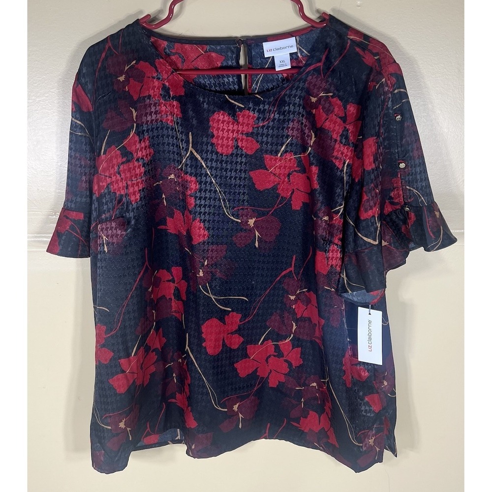 Liz Claiborne XXL Floral Blouse Tops Womens Red Black Sheer Ruffle Sleeve NWT